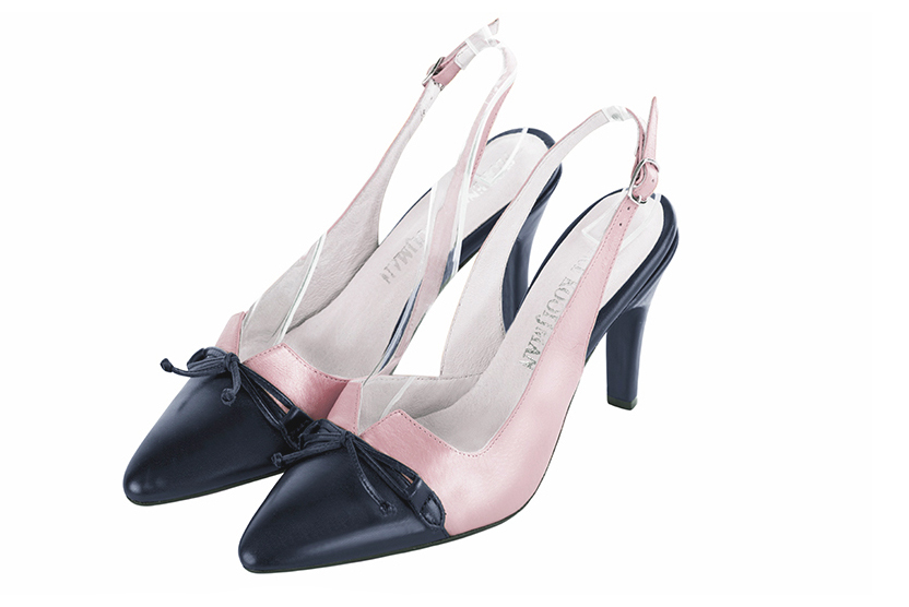 Navy blue and light pink women's open back shoes, with a knot. Tapered toe. High slim heel. Front view - Florence KOOIJMAN